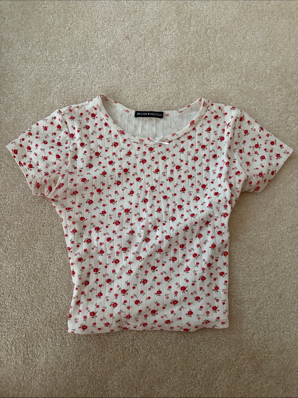 Brandy Melville Cream Ribbed Top with Red Floral Print and White Bow